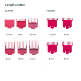 WMARK NG-8613 KIT Pink six clipper guide combs and four trimmer guide combs grouped separately with their cutting lengths.