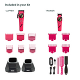 WMARK NG-8613 KIT Pink two tools above their separate guide-comb groups, with two charging docks, cables, blade oil and grooming accessories below.