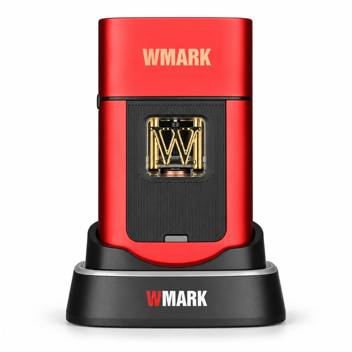 WMARK NG-XS1 レッドの保護キャップ付きシェーバー、充電台に設置
