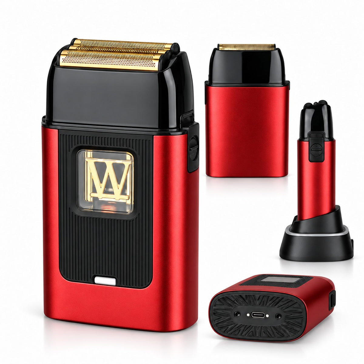 WMARK NG-XS1 レッド — 前面、背面、側面操作部、USB-C底面の各ビュー