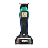 WMARK NG-XT1 Polarグリーン・ブルー. 純正の黒・シルバー充電台に置いたトリマーの正面。1セットにつき本体1台