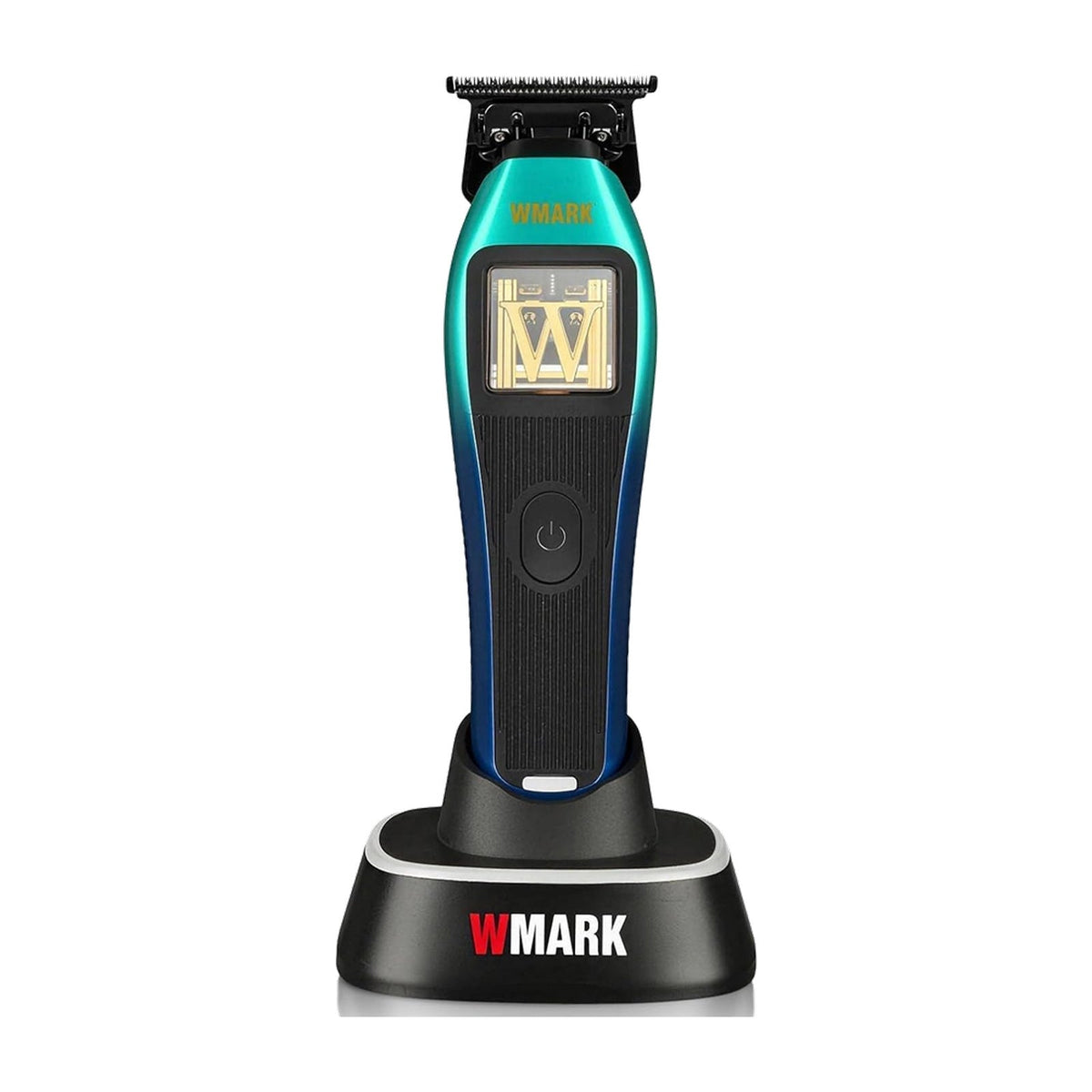 WMARK NG-XT1 Polarグリーン・ブルー. 純正の黒・シルバー充電台に置いたトリマーの正面。1セットにつき本体1台