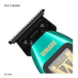 WMARK NG-XT1 Polarグリーン・ブルー. 輪郭やヘアデザイン用DLC T字刃の刃先、ねじ、上部カバーを示す純正斜め写真。調整可能な公称刃間隔0.1 mm