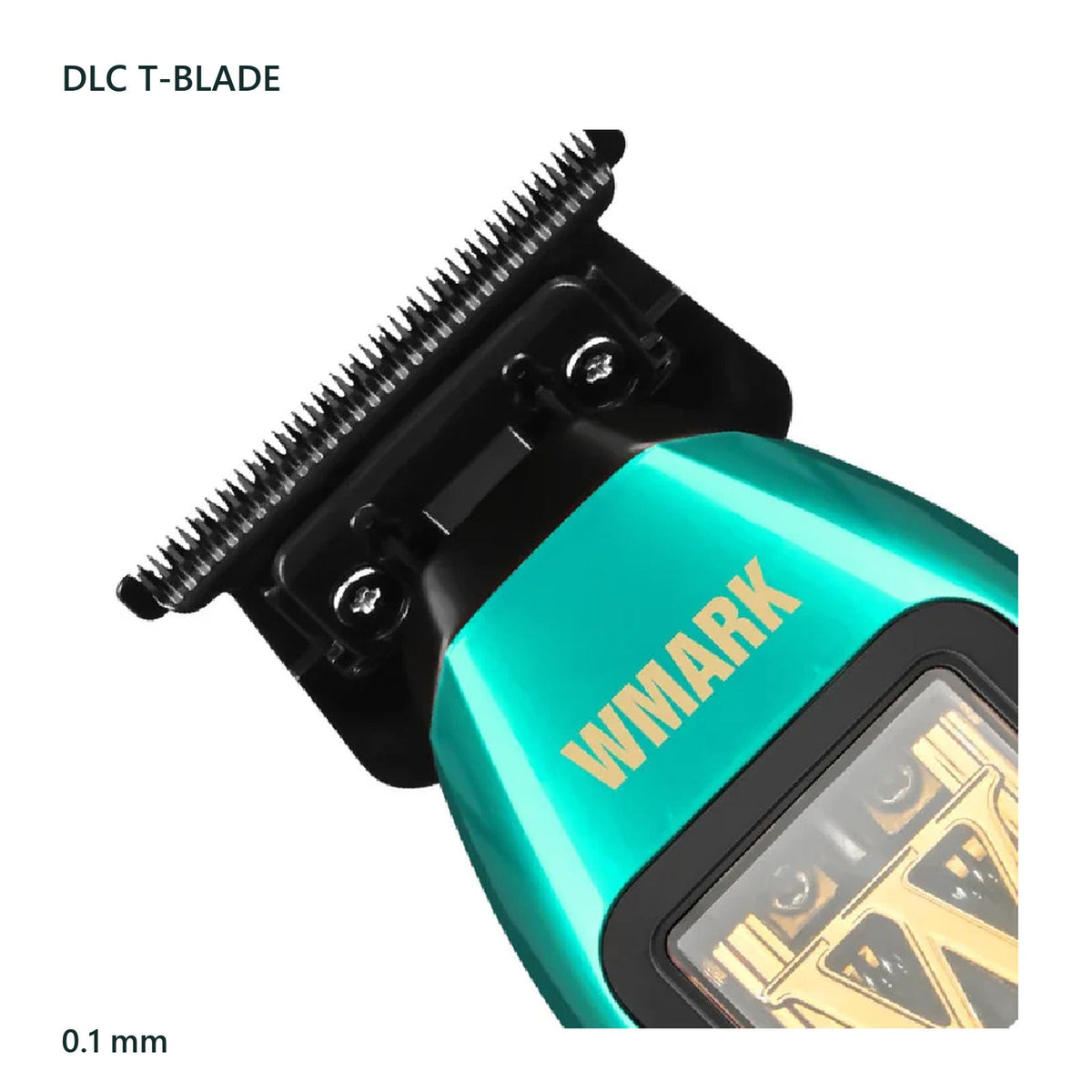 WMARK NG-XT1 Polarグリーン・ブルー. 輪郭やヘアデザイン用DLC T字刃の刃先、ねじ、上部カバーを示す純正斜め写真。調整可能な公称刃間隔0.1 mm