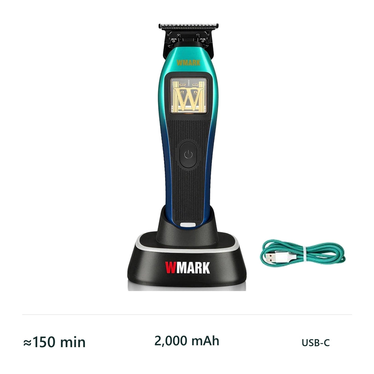 WMARK NG-XT1 Polarグリーン・ブルー. 純正充電台とUSBケーブル付きトリマー。2,000 mAh、コードレス使用約150分。負荷や使用条件により変動