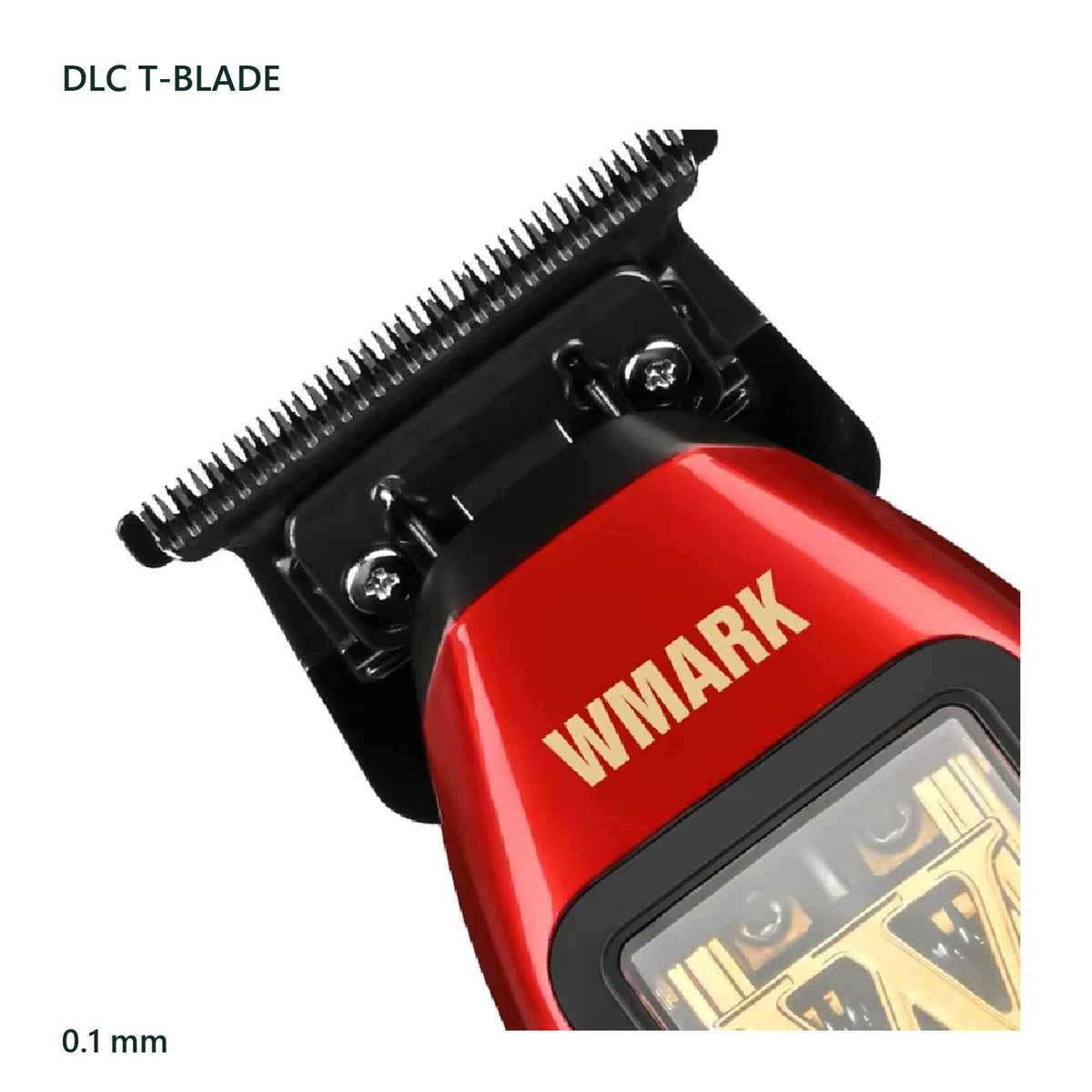 WMARK NG-XT1 レッド. 輪郭やヘアデザイン用DLC T字刃の刃先、ねじ、上部カバーを示す純正斜め写真。調整可能な公称刃間隔0.1 mm
