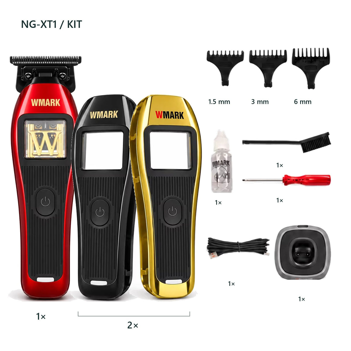 WMARK NG-XT1 レッド. 内容：本体1台、装着カバーと同じ縮尺の空の交換カバー2個、1.5/3/6 mmコーム、刃用オイル、純正ブラシ、ドライバー、USBケーブル、純正充電台