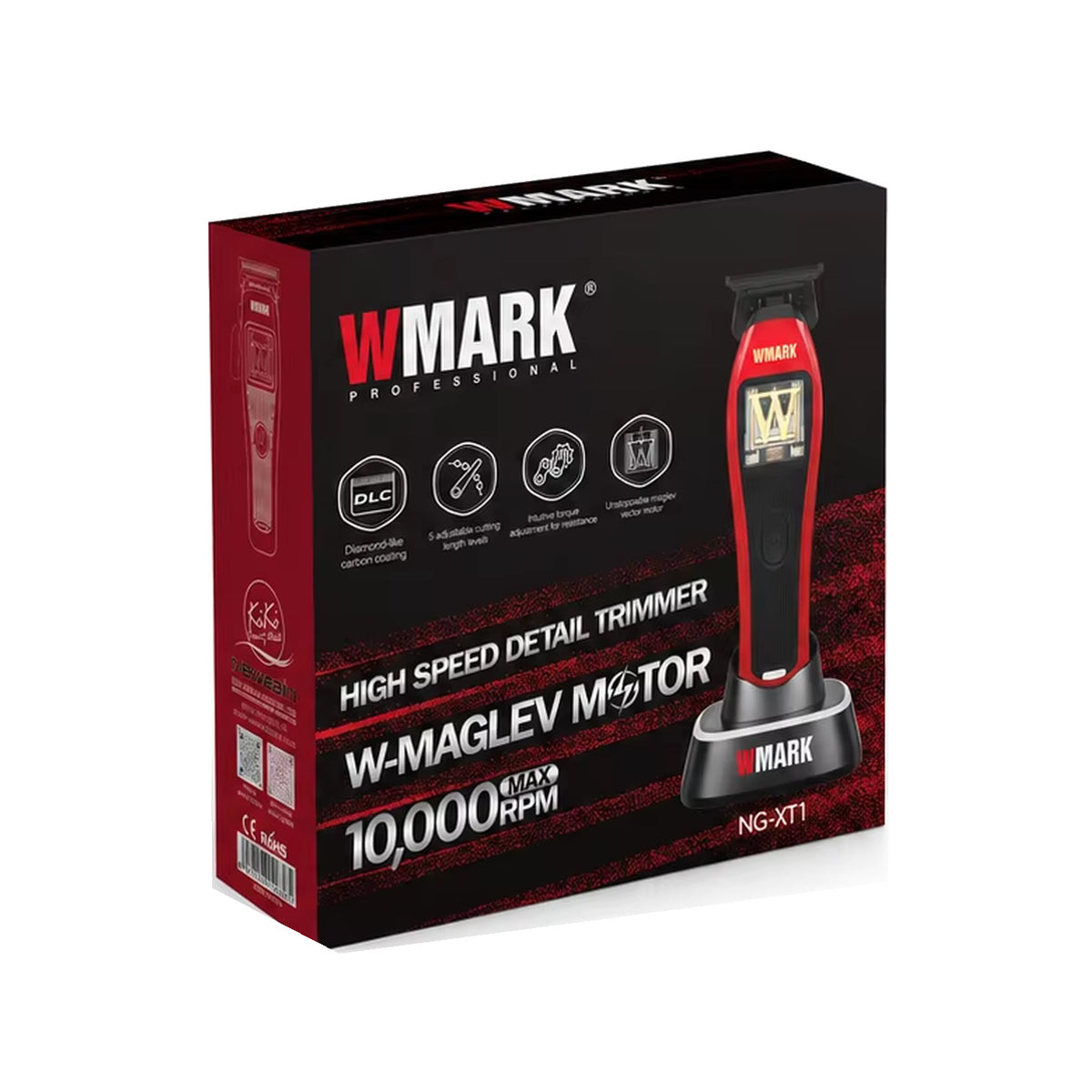 WMARK NG-XT1 レッド コードレストリマー — 選択した仕上げに対応する製品デザインが印刷された外箱