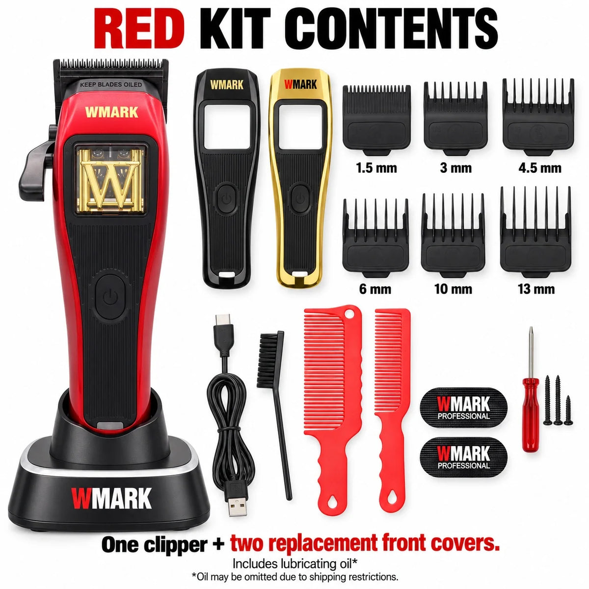 WMARK NG-X1 Red kit: six magnetic guide combs 1.5/3/4.5/6/10/13 mm, two hair combs, two replacement front covers and accessories